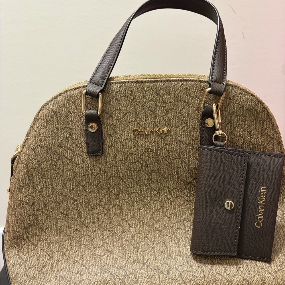 Calvin Klein Beige Monogram Dome Satchel with Brown Trim